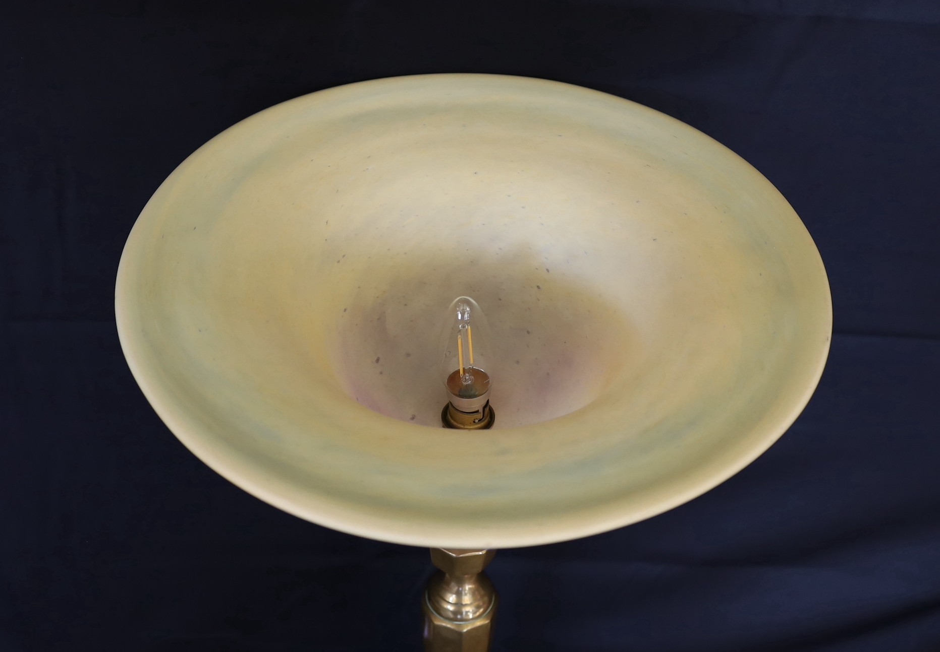 A 1960s brass table lamp with marbled glass ‘pate de verre’ shade, height overall 66cm